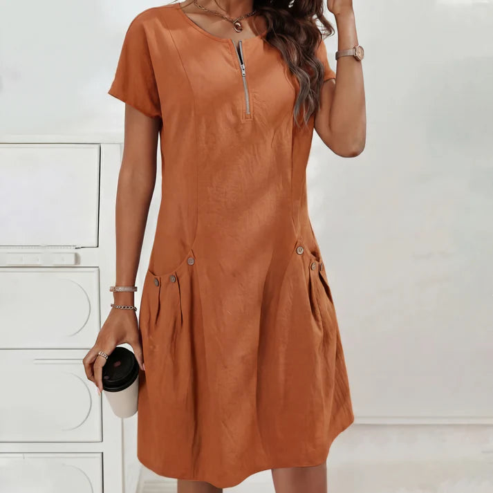 Vestito Midi Bottoni con Tasche e Zip