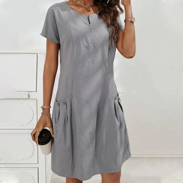Vestito Midi Bottoni con Tasche e Zip